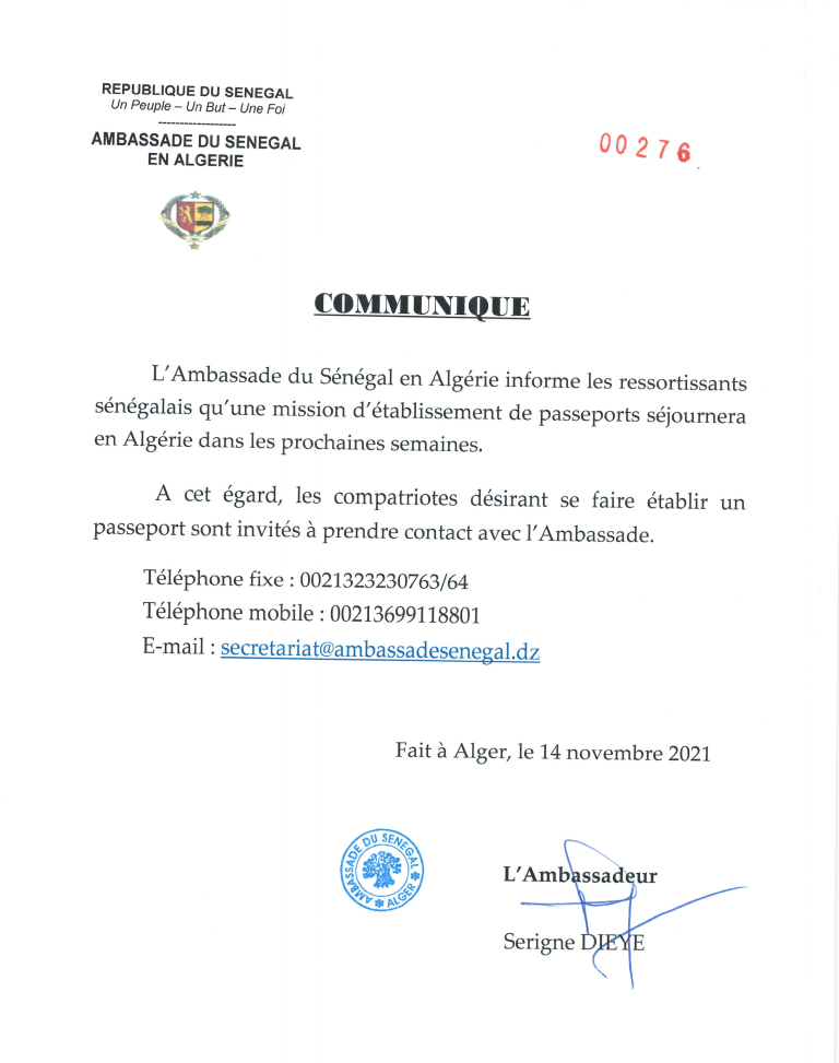 Communiqué N°276 de l'Ambassade du Sénégal en Algérie