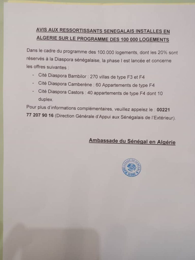 Note d'information de l'Ambassade du Sénégal en Algérie