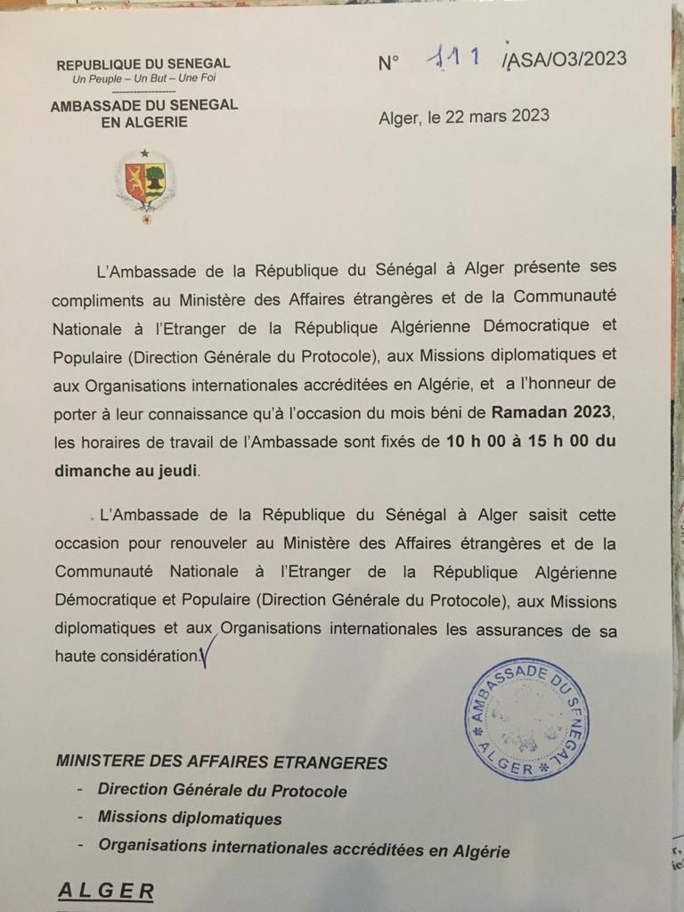 Note verbale de l'Ambassade du Sénégal en Algérie