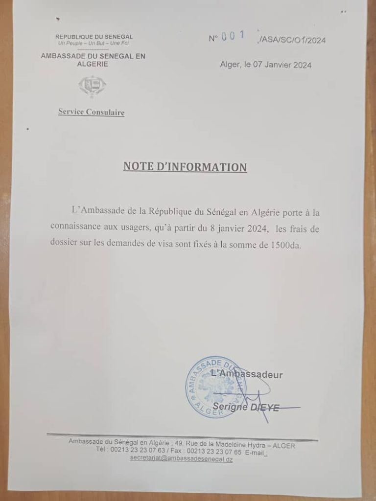 Information aux usagers de l'Ambassade du Sénégal en Algérie
